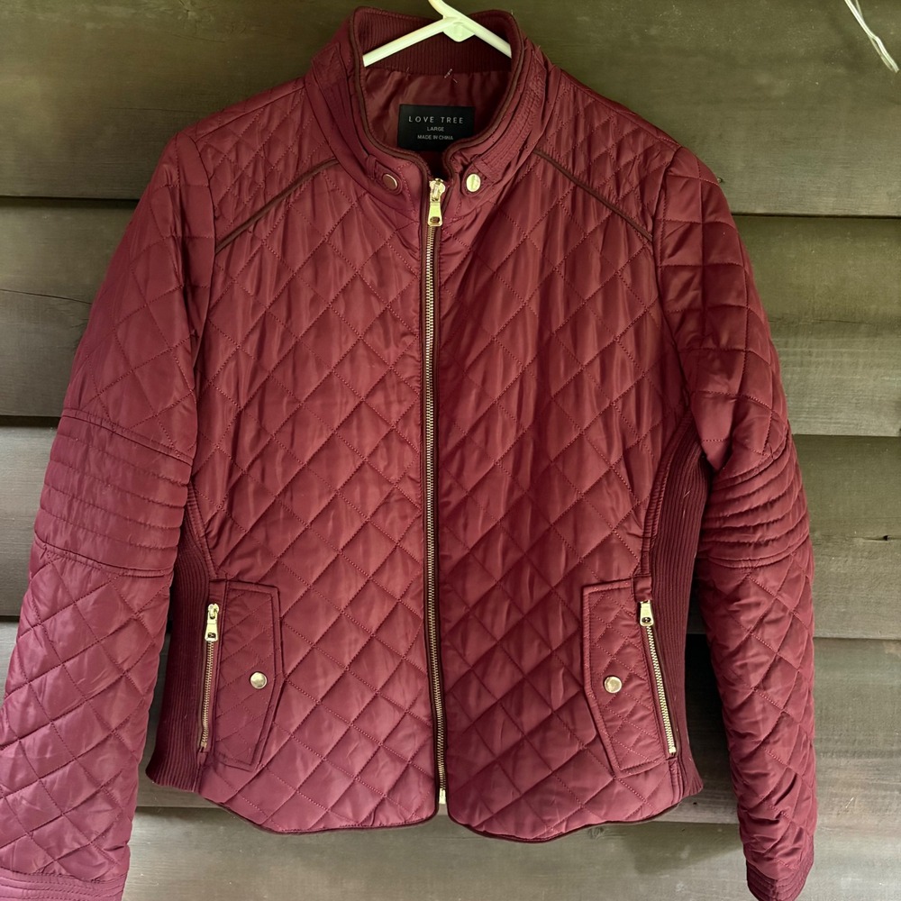 Love Tree Womens Quilted Moto Jacket Burgundy Maroon Large 8846JS